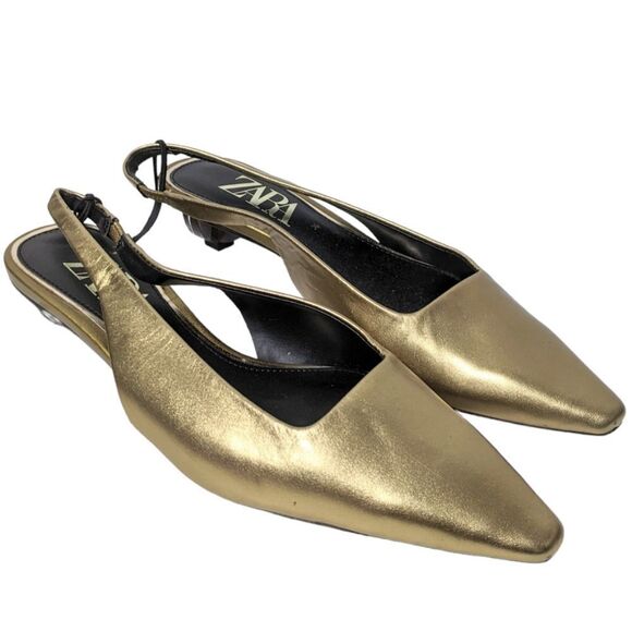 NWT ZARA Metallic Gold Leather Geo Heel Mules 36 - Picture 1 of 10